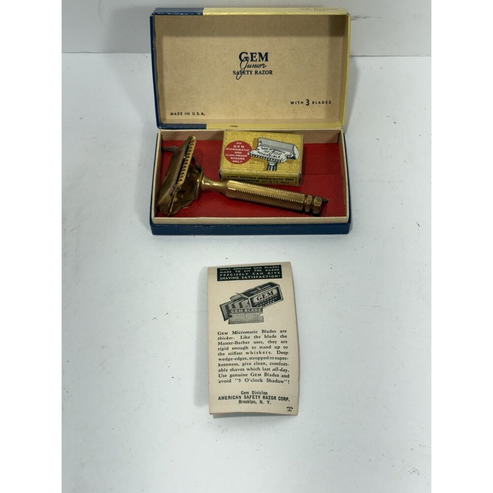 "GEM" Junior Safety Razor Rare Vintage with 1 Box of new blades Color‎ Gold Gem